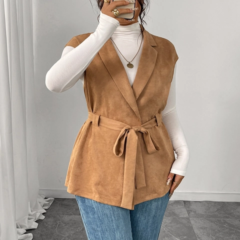 Damen Lässig Wildlederimitat Bindegürtel Weste Ärmellos Spitzrevers Mittellang Weste Plus Size Kamel Mode Oberbekleidung Mantel