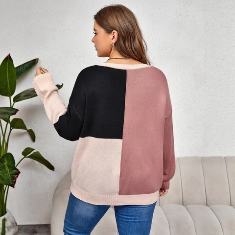 Pull en Tricot Ample pour Femme Patchwork Col Rond Manches Longues Pullover en Acrylique pour Automne Hiver Tops Décontractés