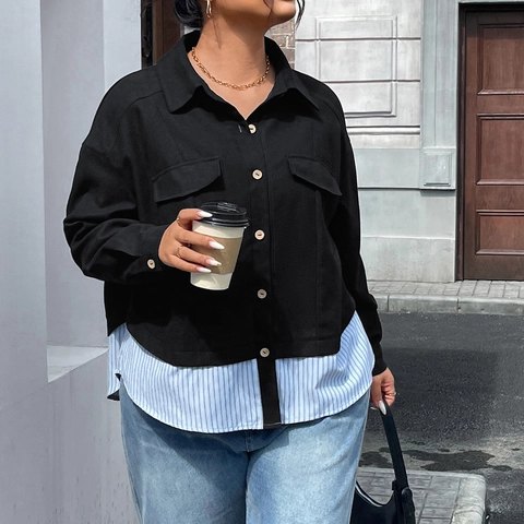 Damen Übergröße Fake Zwei-Teiler Jacke Casual Patchwork Streifen Hemdjacke Revers Einreihig Langarm Oberbekleidung Top