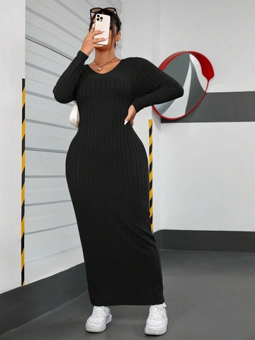 Vestido Maxi de Punto Acanalado para Mujer de Talla Grande Elegante Ajustado Cuello Redondo Manga Larga Color Sólido