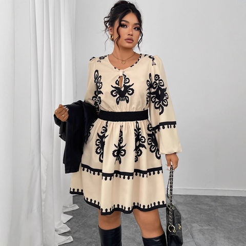 Vestito Mini da Donna Taglie Forti con Stampa a Maniche Lunghe Vita Alta Elastica Maniche a Sbuffo Scollo ad Occhiello Elegante
