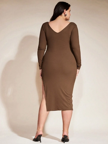 Plus Size Women Long Sleeve V Neck Ribbed Knit Midi Dress Casual Bodycon Side Slit Sexy Solid Color Spring Summer Dress