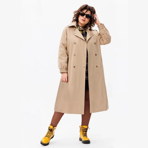 Dames Grote Maten Khaki Double Breasted Trenchcoat Lange Mouwen Losse Pasvorm Jas Met Elastische Manchetten Revers Bovenkleding