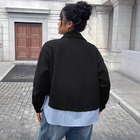 Damen Übergröße Fake Zwei-Teiler Jacke Casual Patchwork Streifen Hemdjacke Revers Einreihig Langarm Oberbekleidung Top