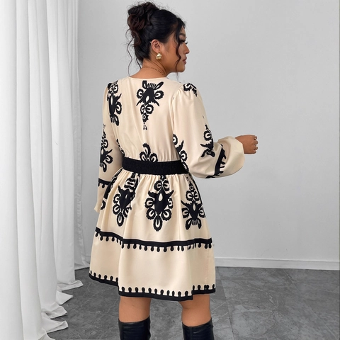 Vestito Mini da Donna Taglie Forti con Stampa a Maniche Lunghe Vita Alta Elastica Maniche a Sbuffo Scollo ad Occhiello Elegante