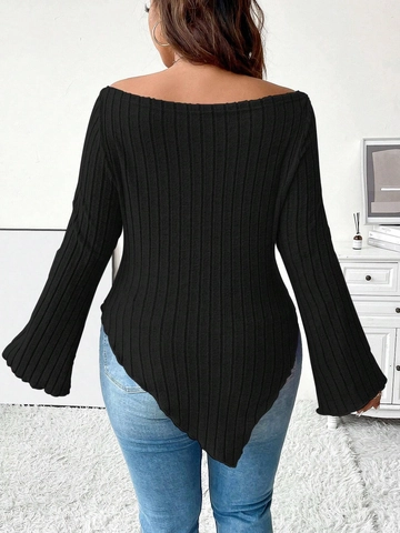 Plus Size Women Off Shoulder Ribbed Knit Top Sexy Asymmetric Hem Long Sleeve Solid Black Casual Slim Fit T-Shirt Blouse