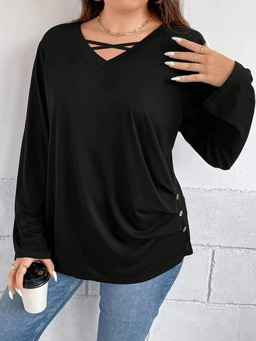 Women Plus Size V Neck Crisscross Long Sleeve T-Shirt Casual Cotton Blend Solid Color Button Side Ruched Elastic Top