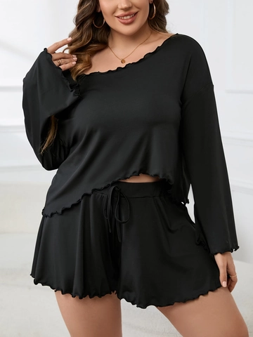 Set Lounge Donna Taglie Forti Con Bordo a Lattuga Top a Manica Lunga E Pantaloncini Con Coulisse Abbigliamento Da Casa