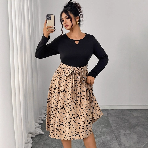 Damen Übergröße Langarm Kleid Leopard Muster Patchwork Rundhals Hohlraum Gürtel Midi Kleid Lässig Outfit