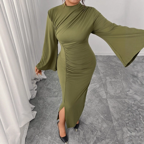 Women Elegant Ruched Bodycon Maxi Dress Bell Sleeve High Neck Solid Olive Green Sexy High Slit Slim Fit Banquet Party Long Dress