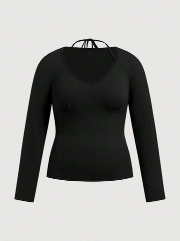 Plus Size Women Sexy Black Halter Long Sleeve T-Shirt Square Neck Corset Slim Fit Ribbed Top Plus Clothes