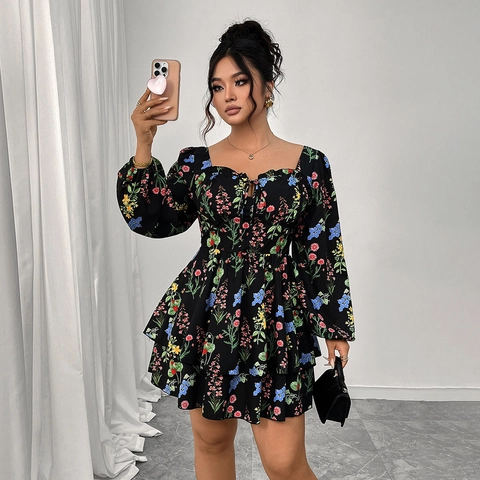 Plus Size Women Floral Print Tiered Mini Dress Square Neck Long Puff Sleeve Sexy Backless Tie Front Cake Dress Black