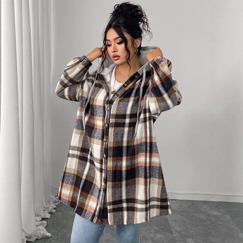 Femmes Plaid Veste à Capuche Décontracté Ample Boutonné Longue Manche Vintage Motif à Carreaux Manteau Mode d'Automne