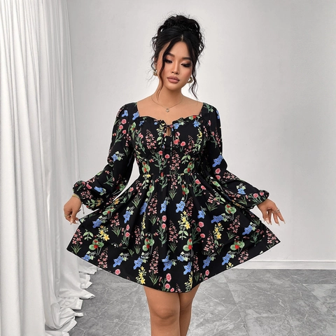 Plus Size Women Floral Print Tiered Mini Dress Square Neck Long Puff Sleeve Sexy Backless Tie Front Cake Dress Black