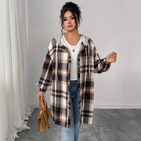 Femmes Plaid Veste à Capuche Décontracté Ample Boutonné Longue Manche Vintage Motif à Carreaux Manteau Mode d'Automne