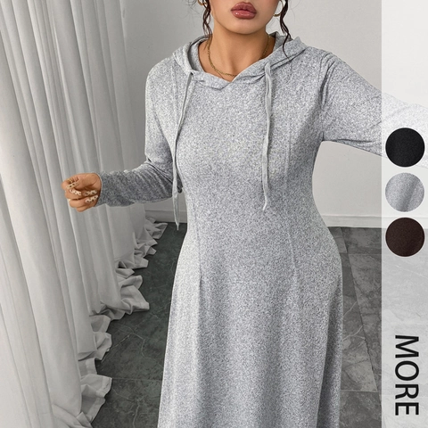 Frauen Lässiges Kapuzen-Maxikleid Langarm Strickstruktur Einfarbig Kordelzug Schlanke Passform A-Linie Kleid Für Herbst Winter