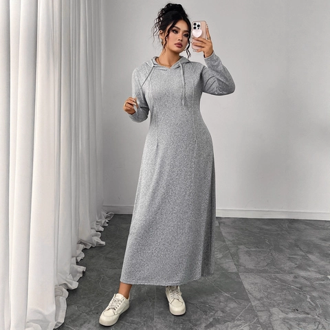 Frauen Lässiges Kapuzen-Maxikleid Langarm Strickstruktur Einfarbig Kordelzug Schlanke Passform A-Linie Kleid Für Herbst Winter