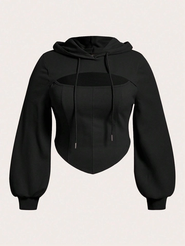Women Plus Size Cutout Waffle Knit Hoodie Black Long Sleeve Cropped Sweatshirt Sexy Streetwear Top For Spring Autumn