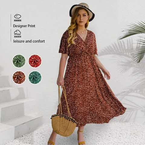 Dames Grote Maat Bloemen V-Hals Maxi Jurk Korte Flutter Mouw Hoge Taille Boheems Vakantie A-Lijn Zomer Strand Lange Jurk