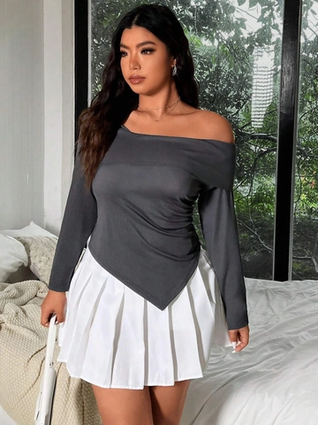 Dames Grote Maten Off-shoulder Lange Mouw Crop Top Asymmetrische V-zoom Ribgebreid Effen Kleur Sexy Casual T-shirt