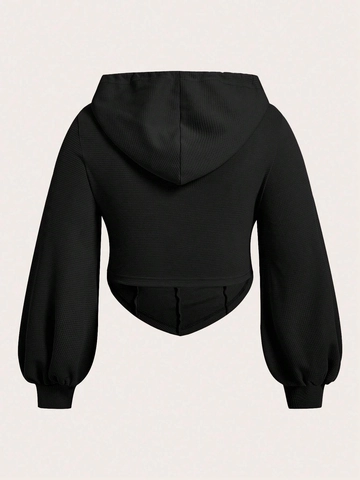 Women Plus Size Cutout Waffle Knit Hoodie Black Long Sleeve Cropped Sweatshirt Sexy Streetwear Top For Spring Autumn