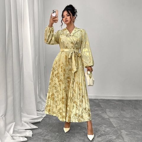 Französisches Vintage Gold Blumenmuster Plissee Maxikleid Elegant V Ausschnitt Laternenärmel Satin Lange Kleider Für Damen