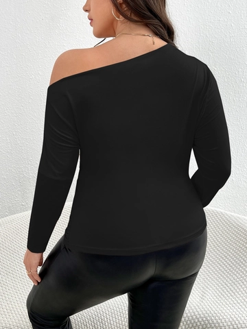 Women Plus Size Sexy One Shoulder Long Sleeve Ruched T-Shirt Solid Black Chic Slim Fit Party Top For Lady