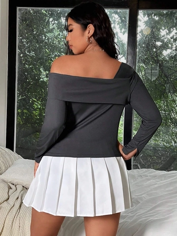 Dames Grote Maten Off-shoulder Lange Mouw Crop Top Asymmetrische V-zoom Ribgebreid Effen Kleur Sexy Casual T-shirt