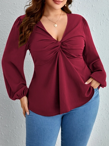 Women Plus Size Wine Red V Neck Long Sleeve T Shirt Twist Knot Ruched Puff Sleeve Elegant Casual Sexy Top