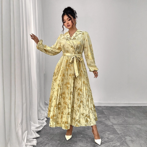 Französisches Vintage Gold Blumenmuster Plissee Maxikleid Elegant V Ausschnitt Laternenärmel Satin Lange Kleider Für Damen