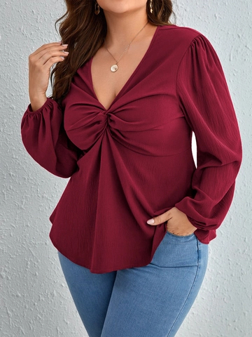 Women Plus Size Wine Red V Neck Long Sleeve T Shirt Twist Knot Ruched Puff Sleeve Elegant Casual Sexy Top