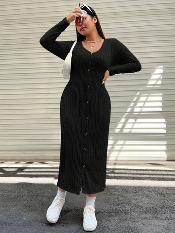 Women's Plus Size Ribbed Knit V Neck Maxi Dress Long Sleeve Button Front Slim Fit Black Casual Solid Dress