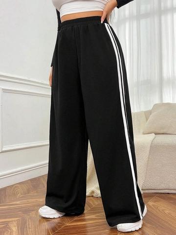 Pantaloni Donna Taglie Forti Casual Gamba Larga Vita Alta Righe Laterali a Contrasto Misto Cotone Pantaloni Sportivi Larghi