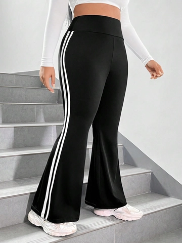 Plus Size Women's High Waist Flare Leggings Casual Sporty Pants With Side White Stripes Slimming Bell Bottom Trousers