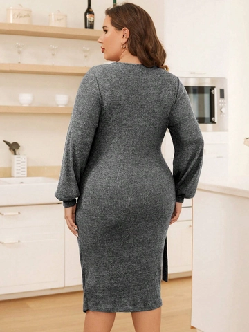 Women Plus Size Knit Midi Dress Wrap V Neck Lantern Long Sleeve Tie Waist Ribbed Casual Solid Color Grey Dress