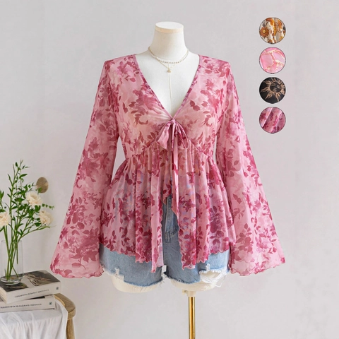 Damen Plus Size V-Ausschnitt Netz Bluse Mit Bindedetail Glockenärmel Blumen Marmor Himmlisch Druck Transparent Urlaub Top