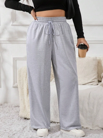Plus Size Rechte Pijpen Casual Broek Hoge Taille Trekkoord Sweatpants Comfortabel Katoenmix Mode Grijs