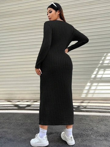 Women's Plus Size Ribbed Knit V Neck Maxi Dress Long Sleeve Button Front Slim Fit Black Casual Solid Dress