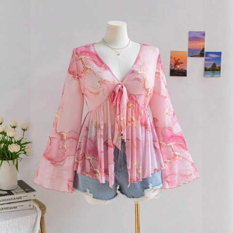 Damen Plus Size V-Ausschnitt Netz Bluse Mit Bindedetail Glockenärmel Blumen Marmor Himmlisch Druck Transparent Urlaub Top