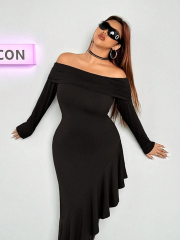 Plus Size Women Off-The-Shoulder Long Sleeve Midi Dress Asymmetrical Ruffle Hem Elegant Solid Black Bodycon Party Dress