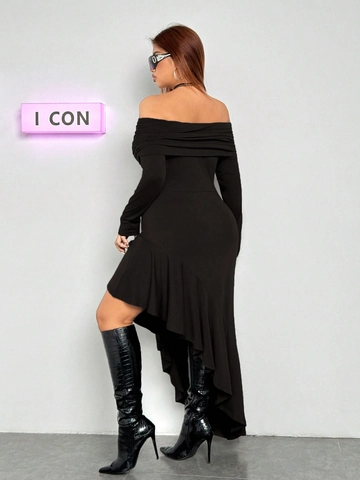 Plus Size Women Off-The-Shoulder Long Sleeve Midi Dress Asymmetrical Ruffle Hem Elegant Solid Black Bodycon Party Dress
