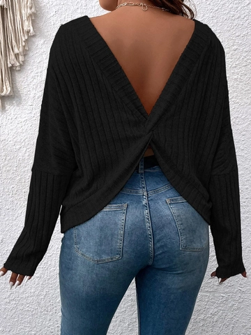 Plus Size Women V Neck Backless Long Sleeve T-Shirt Solid Ribbed Knit Twist Back Casual Loose Fit Summer Autumn Top