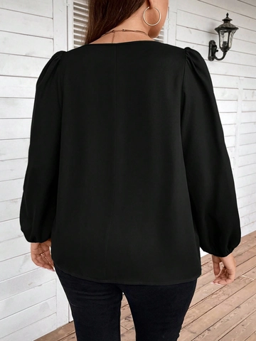 Women's Plus Size Solid Black T-Shirt Fashion Lantern Long Sleeve Round Neck V-Cutout Loose Top Minimalist Polyester Blouse