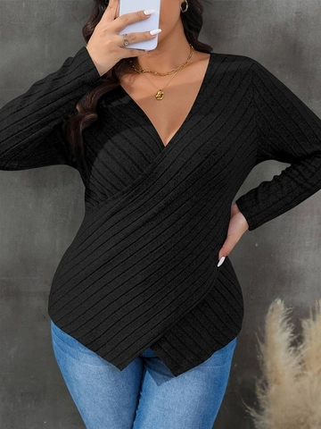 Women Plus Size Long Sleeve V Neck Crossover Ribbed Knit T-Shirt Slim Fit Elegant Commuter Solid Color Inner Base Top
