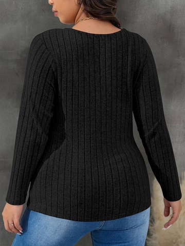 Women Plus Size Long Sleeve V Neck Crossover Ribbed Knit T-Shirt Slim Fit Elegant Commuter Solid Color Inner Base Top