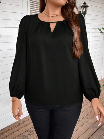 Women's Plus Size Solid Black T-Shirt Fashion Lantern Long Sleeve Round Neck V-Cutout Loose Top Minimalist Polyester Blouse