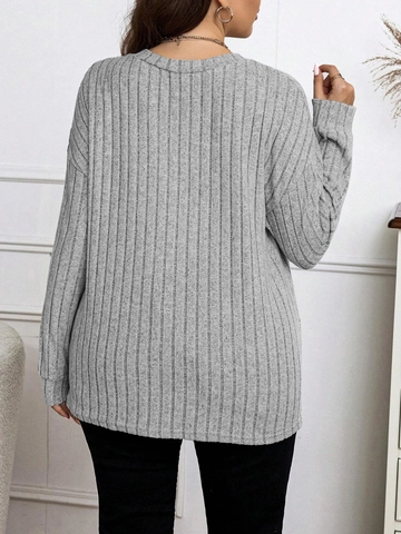 Damen Übergröße Langarm T-Shirt Eleganter V-Ausschnitt Geripptes Strickoberteil Mit Dekorativen Knöpfen Lässiges Lockeres Graues Top