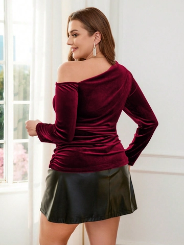 Plus Size Women Velvet One Shoulder Long Sleeve Top Sexy Ruched Burgundy Slim Fit Party Blouse Elegant Asymmetrical Shirt