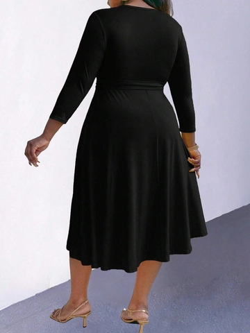 Abito Midi da Donna Taglie Forti Nero Tinta Unita Girocollo Con Cintura Tasche Semplice Elegante a Maniche Lunghe