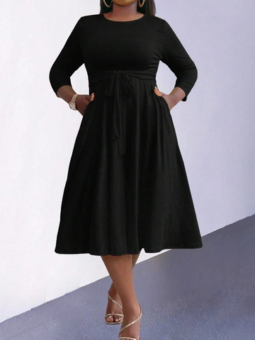 Abito Midi da Donna Taglie Forti Nero Tinta Unita Girocollo Con Cintura Tasche Semplice Elegante a Maniche Lunghe